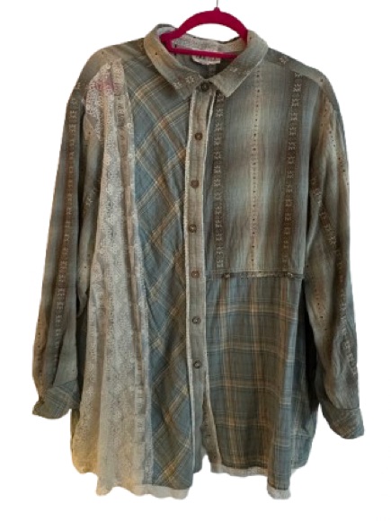 Oli & Hali Olive, Tan And Muted Blue Patchwork Button-Down Shirt